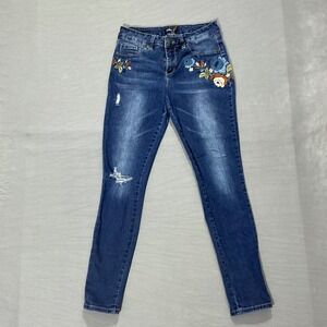 Royalty for Me Womens Floral Embroidered Skinny Jeans Blue Mid Rise Distressed 8